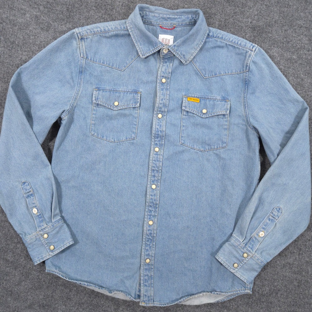 Topo Designs Mountain Denim Shirt Mens Medium Blue Western Pearl Snap Light Wash